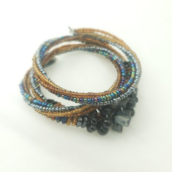 Womens Black Tan Fashion Jewelry Adjustable Anniversary Beaded Wrap Bracelet - Picture 4 of 11